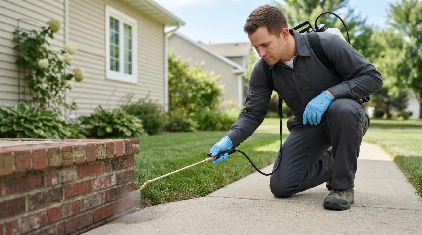 Pest control technician treating a home near King Hill, ID